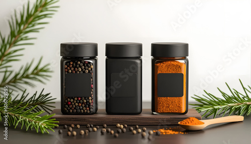 Fototapeta Naklejka Na Ścianę i Meble -  Three glass spice jars with black lids sit on a dark surface, surrounded by peppercorns and sprigs of greenery