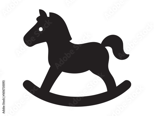Black silhouette of rocking horse toy, isolated on white background, graphic illustration. concept of kids play, childhood icon, vintage toy, nostalgia, horse decor, design element.