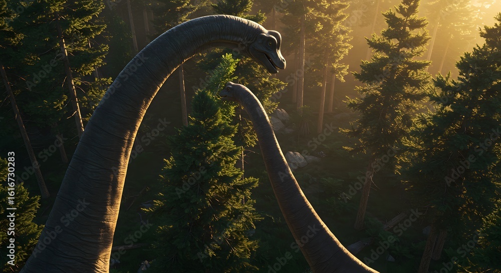 Obraz premium Two brachiosaurus dinosaurs standing tall in a lush green forest bathed in golden sunlight at dawn or dusk