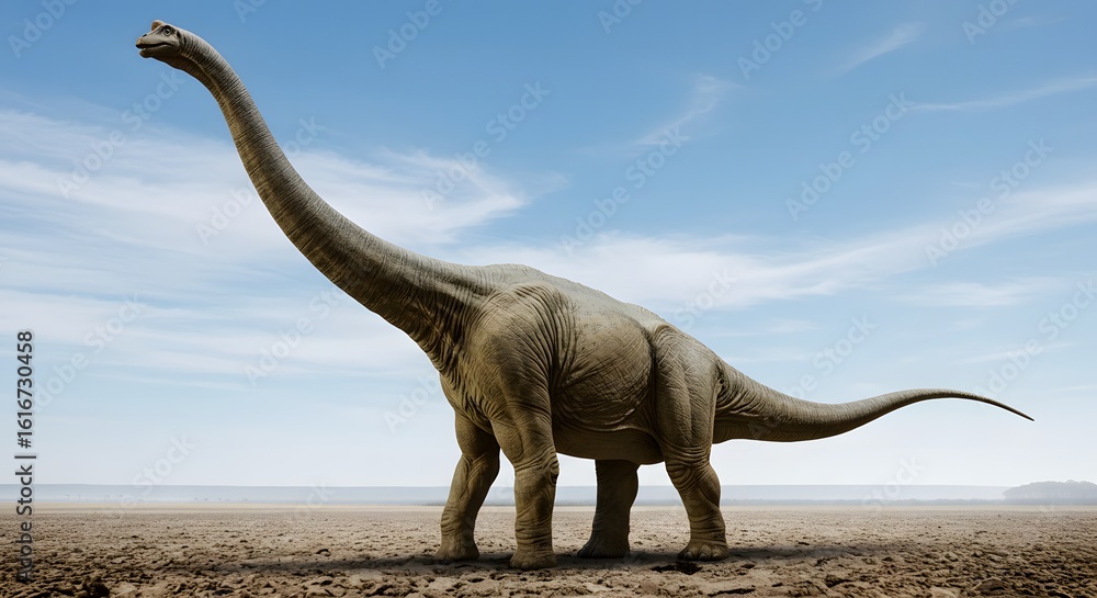 Fototapeta premium A large brachiosaurus with a long neck standing in a desolate landscape under a blue and cloudy sky view