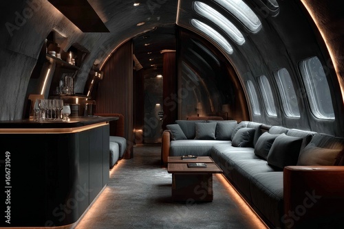 Luxurious interior design of a modern lounge resembling an aircraft cabin with elegant lighting and comfortable seating