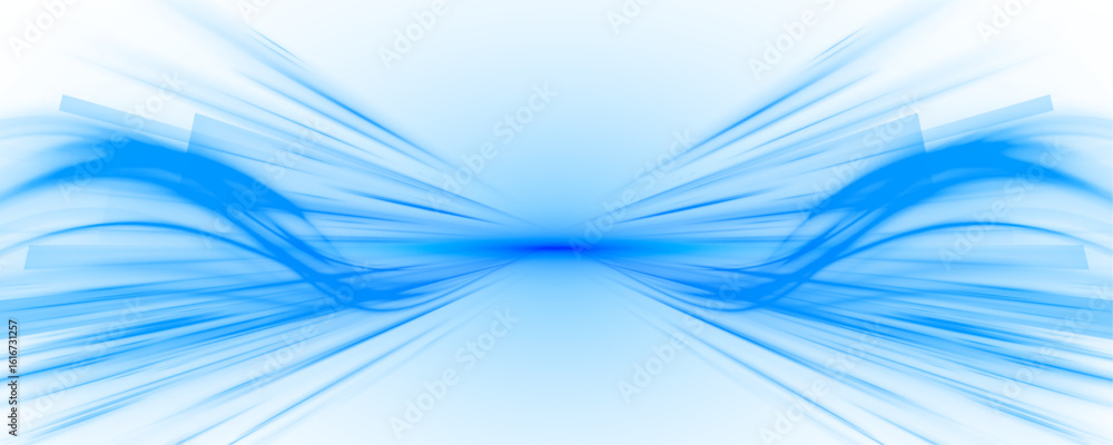 Fototapeta premium Blue wave curved lines for presentations, illustration of articles and publications on technological trends and innovations, covers of technological magazines. Light arc in blue colors.