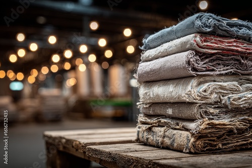 Old textiles stacked on a wooden table in a well-lit fabric store during a busy afternoon