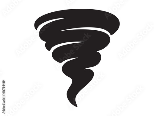 Black silhouette of a tornado or whirlwind icon isolated on white background. concept of weather symbol, storm, natural disaster, climate, meteorology, logo, design element.