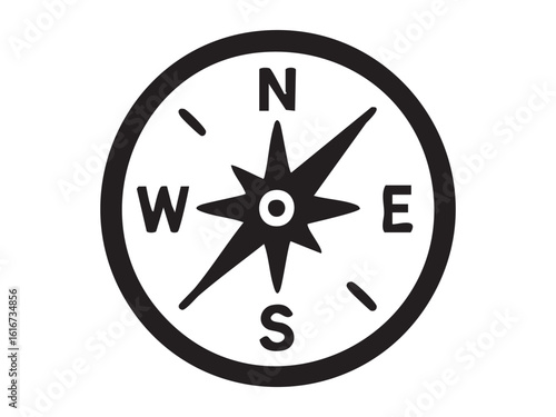 Black silhouette of compass rose with directional letters, isolated on white background, graphic illustration. concept of navigation, compass symbol, direction, travel, exploration icon