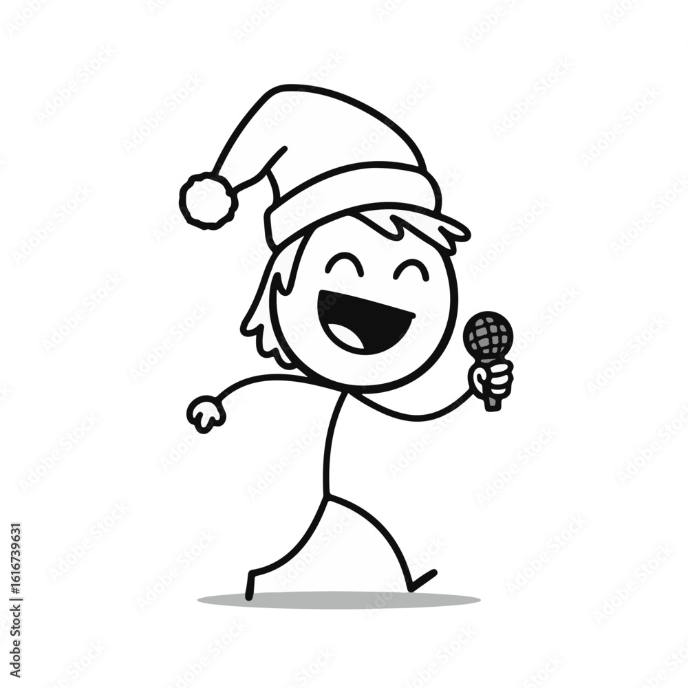 Happy stick figure child singing with a microphone, wearing a festive hat, against a simple white background, joyful concept of music, entertainment, and celebration Happy stick figure child singing with a microphone, wearing a festive hat, against a simple white background, joyful concept of music, entertainment, and celebration