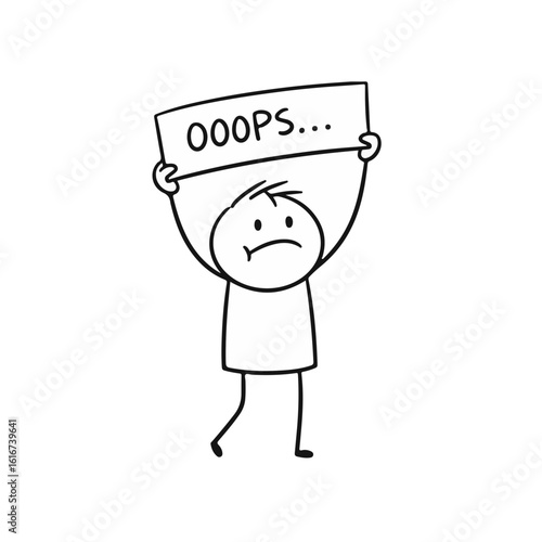 Stick figure character with a sad expression holding an "OOOPS..." sign against a simple white background, conveying the concept of humor or creative expression