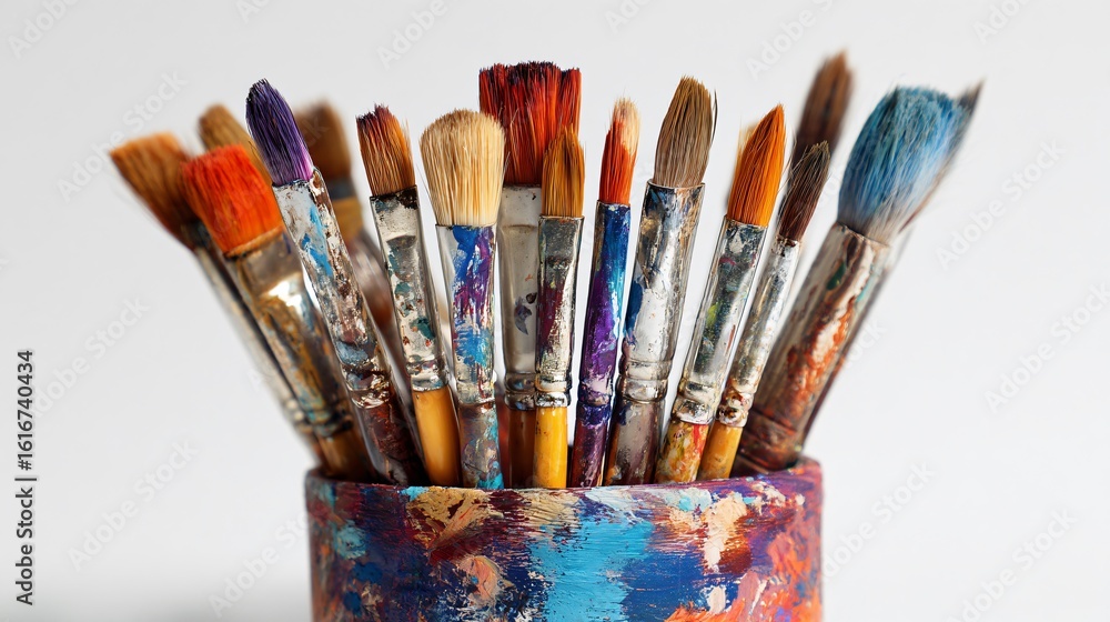 Fototapeta premium Creative Art Brushes in Paint Pot on White Background