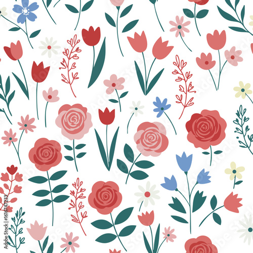 Colorful floral pattern with roses tulips daisies and green leaves seamless vector background for spring and summer designs 