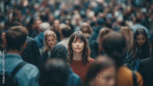 A Woman Stands Out in a Crowded Urban Environment, Symbolizing Individuality and Connection