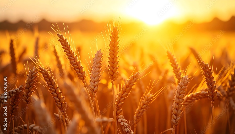 Golden wheat field bathed in the warm glow of a setting sun Golden wheat field bathed in the warm glow of a setting sun