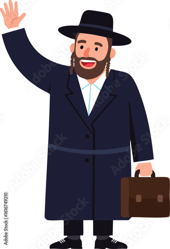 Orthodox Jewish Man Wearing Traditional Clothing Waving Hand Carrying Briefcase Vector Illustration 