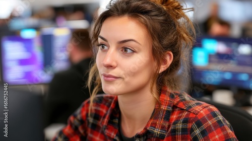Female software engineer immersed in coding on multiple screens  crafting innovative SaaS solutions in a vibrant coworking space.