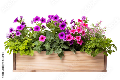 Rustic wooden planter overflowing with blooms