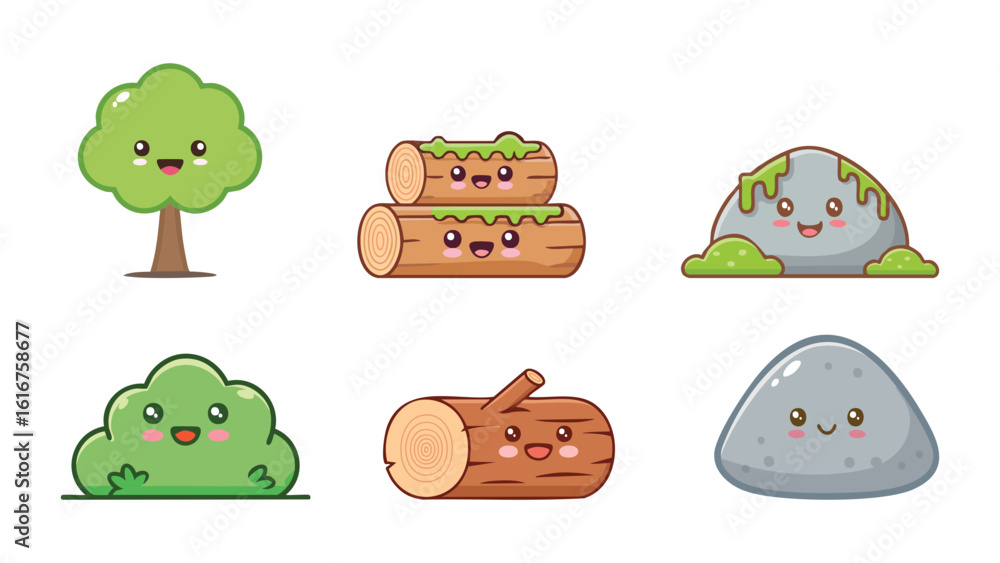 Fototapeta premium Cute cartoon illustrations of natural elements with smiley faces, ideal for various creative projects. The set includes a tree, logs, a rock, and bush