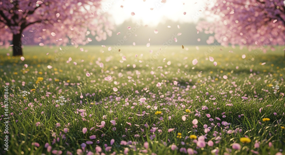Fototapeta premium Gentle pink cherry blossoms drift onto a lush green meadow bathed in soft sunlight.