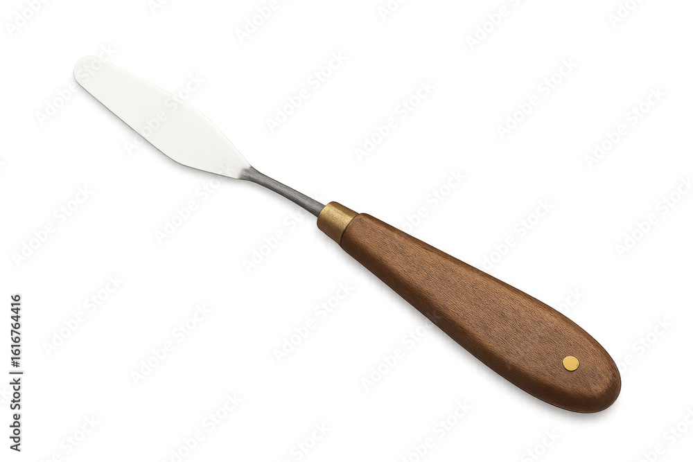 Wooden-handled palette knife positioned near painting supplies, preparing vibrant artistic color blending Wooden-handled palette knife positioned near painting supplies, preparing vibrant artistic color blending
