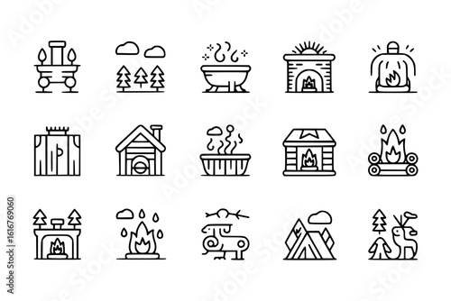 Cozy Cabin Icons: A set of 20 minimalist line art illustrations depicting fireplaces, hot tubs, cabins, and winter scenes, perfect for design projects.