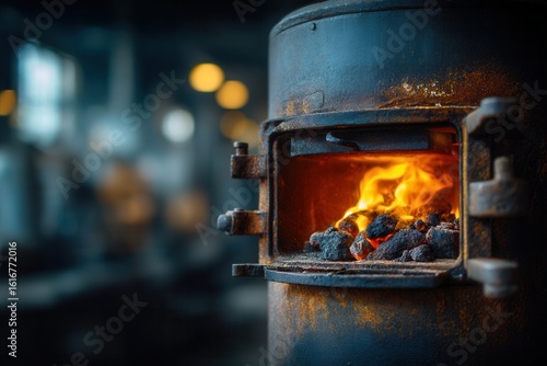 Old iron furnace burns with coal and flames in a factory setting