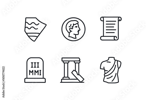 straight perfect stroke icon mono icons style isolated antiquity pottery shard antiquity bronze coin antiquity scroll fragment antiquity tomb inscription antiquity ins antiquity statuary