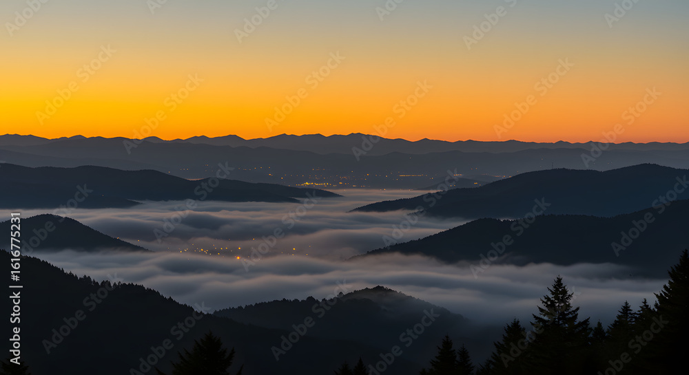 Golden Hour Mountain Vista: A breathtaking view of layered mountain ranges under a vibrant, color-rich sunrise sky, with ethereal fog filling the valleys. Golden Hour Mountain Vista: A breathtaking view of layered mountain ranges under a vibrant, color-rich sunrise sky, with ethereal fog filling the valleys.
