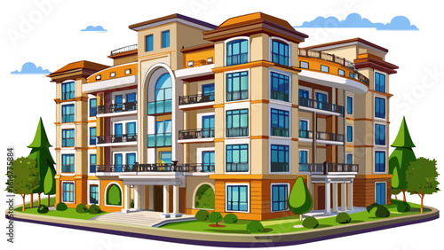 A 3D luxury apartment building showcases modern design and elegance on a white background.