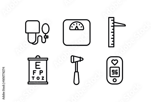 straight perfect stroke icon mono icons style isolated check blood pressure cuff check weighing scale check height chart check visual acuity chart check refle hammer check pulse oimeter
