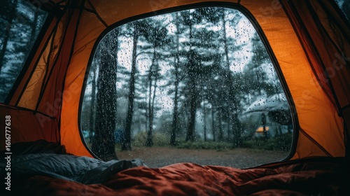 Rainy forest view from inside a tent