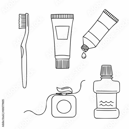 Dental hygiene tools including toothbrush, toothpaste, floss, and mouthwash  