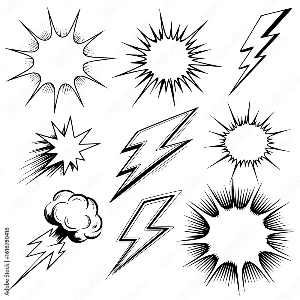 Obraz premium Comic Book Power Burst: A set of dynamic line art illustrations featuring lightning bolts and starburst explosions, perfect for graphic design and comic book projects.