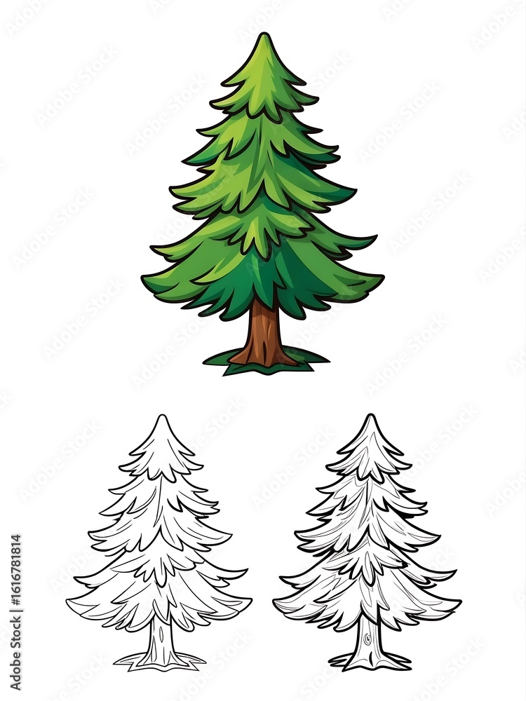 Obraz premium Cartoon Pine Tree Illustration Set with Outlines