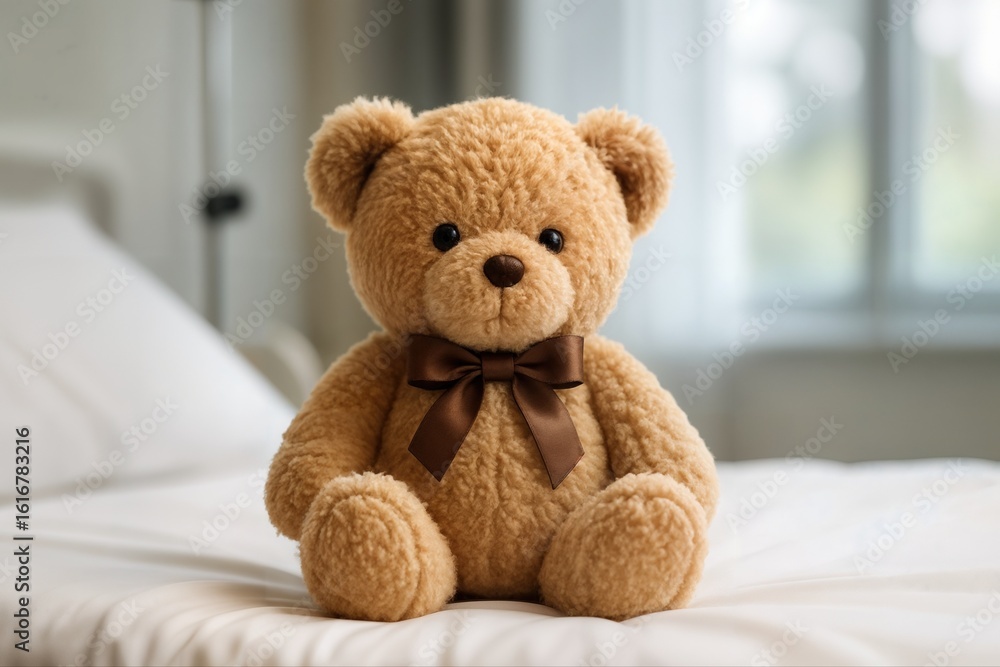 Caramel Teddy Bear on Hospital Bed with Warm Lighting for Comfort and Healing Themes Featuring Soft Texture and Cozy Atmosphere in Pediatric Care Setting