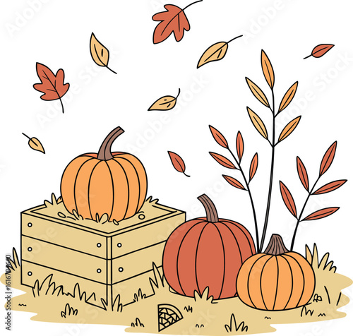 Cute Pumpkin with Fall Leaves Autumn Season Design Vector Illustration