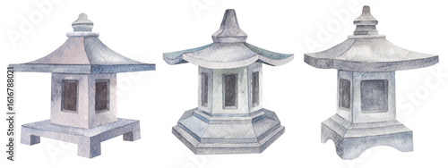  Set of three watercolor Japanese stone lanterns, each with unique architectural style. Traditional elements of Zen gardens, temples, and tranquil Japanese outdoor spaces.