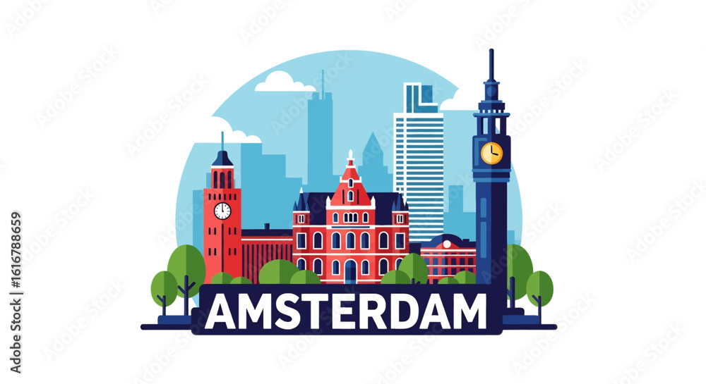 Obraz na plátně flat style picturesque illustration of Amsterdam cityscape showcasing canalside houses and historic towers against a bright, slightly cloudy sky