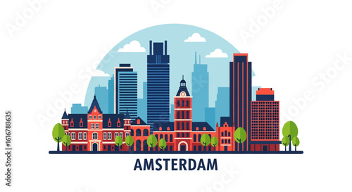 Obraz na plátně flat style picturesque illustration of Amsterdam cityscape showcasing canalside houses and historic towers against a bright, slightly cloudy sky
