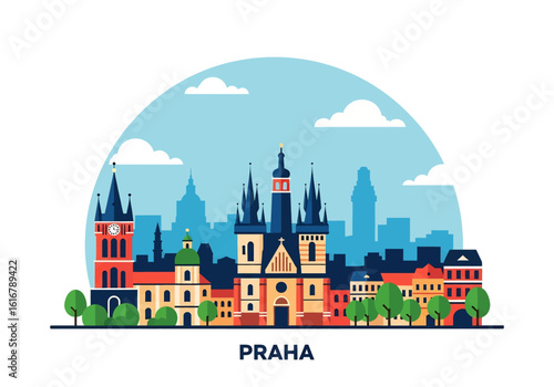 flat style picturesque illustration of Prague cityscape showcasing historic buildings and towers against a bright, slightly cloudy sky. Perfect for Czech Republic travel and cultural themes