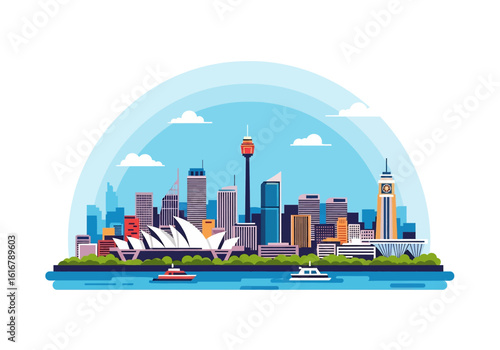 flat style picturesque illustration of Sydney cityscape featuring the Opera House and Harbour Bridge against a bright sky and water. Ideal for Australia and travel themes