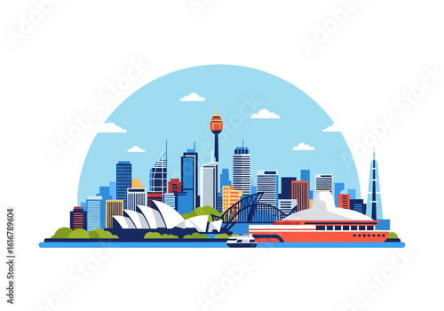 flat style picturesque illustration of Sydney cityscape featuring the Opera House and Harbour Bridge against a bright sky and water. Ideal for Australia and travel themes