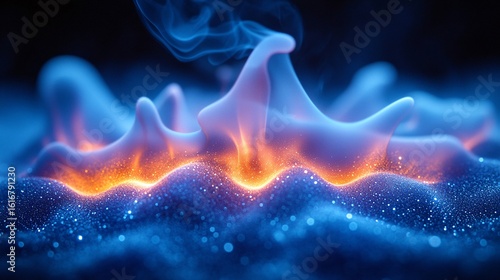 Abstract Blue And Orange Energy Flow With Smoke And Sparkling Particles