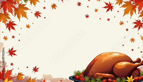 Thanksgiving turkey with autumn leaves border and blank space  