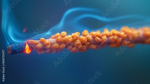 Close up Of Burning Stick With Orange Objects And Blue Smoke