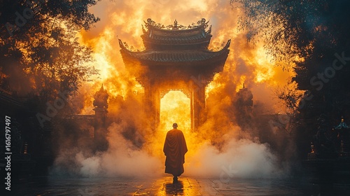 Silhouette Of A Person Walking Towards A Burning Gate At Night