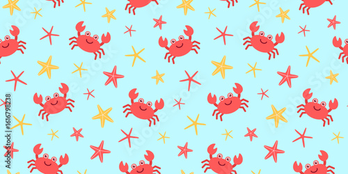 Playful seamless pattern featuring smiling red crabs and colorful starfish on a light blue background. For summer textile, printing packaging, wallpaper, fabric, kids, ocean, sea design. Hand drawn.
