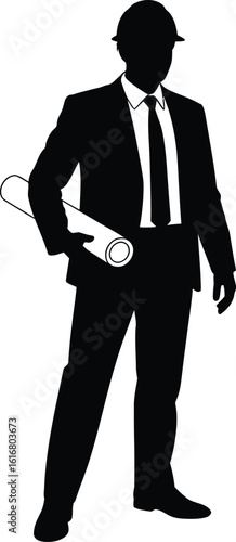 Architect or Engineer Holding Blueprint Plans in Silhouette Style
