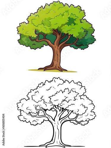 Cartoon Tree Illustration with Coloring Page Outline