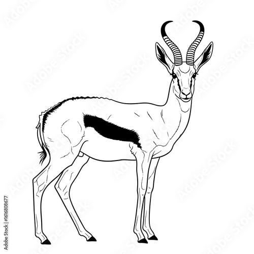 Detailed line drawing of a springbok antelope standing gracefully with prominent horns and markings