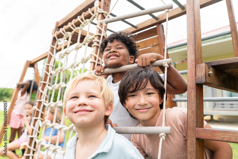 Φωτογραφία Group of Happy diversity children boy and girl friends playing outside at playground in summer