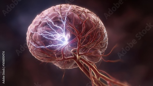 Digital illustration highlighting brain swelling and seizure onset in eclampsia with realistic vascular constriction and electric discharge effects.