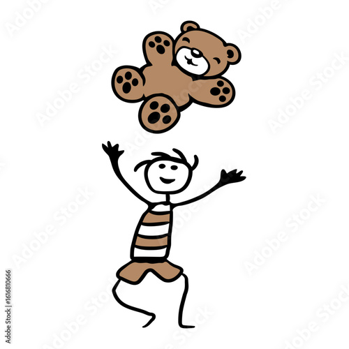Boy Throws Teddy Bear Up Catching Happy Little Toy